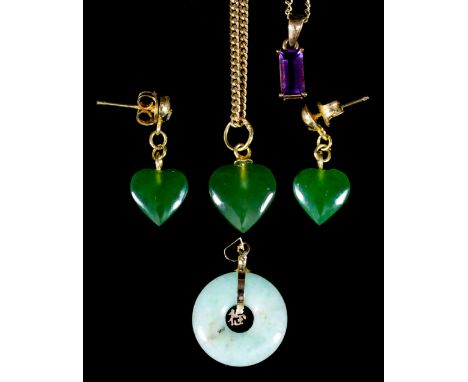 A jade heart shaped pendant, 10mm x 10mm, on 9ct gold fine chain, and a pair of matching earrings (for pierced ears), a 9ct g