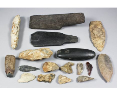 A small collection of worked stone tools, including - a polished Hawaiian Ko'i (adze), 7.75ins, a Neolithic flint adze, 5.5in