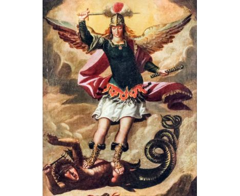 17th Century Spanish Colonial school - Oil painting - "Saint Michael Vanquishing the Devil", canvas 18ins x 14.25ins, in grai