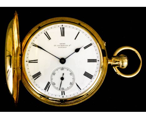 A late Victorian 18ct gold full hunting cased keyless pocket watch by Dent, 33 Cockspur Street, London, No. 30696, the white 