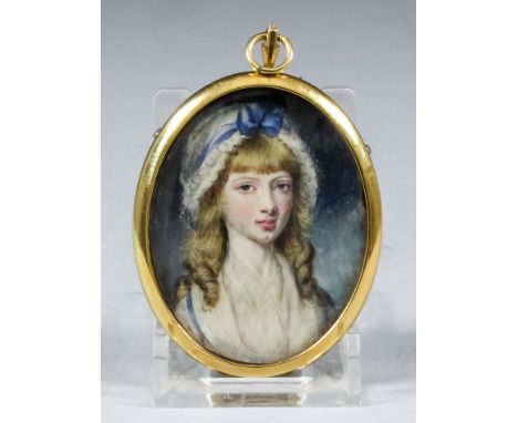 Early 19th Century English school - Miniature shoulder length portrait of a young girl with her hair in ringlets, wearing a w