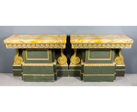 A pair of  20th Century green painted and gilt rectangular console tables in the manner of William Kent, each with figured Si