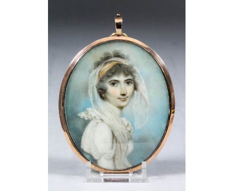 John Barry (fl. 1784-1827) - Miniature shoulder length portrait of a young lady wearing a white dress with blue ribboned wais