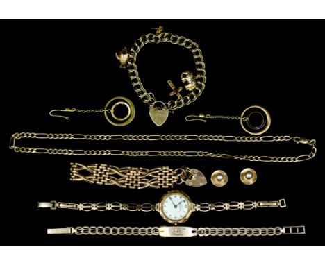 A 9ct rose gold two bar gate bracelet with crossover bars interspersed with oval links and engraved padlock clasp, a 9ct gold