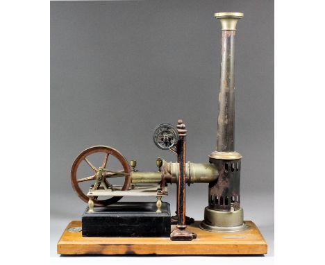 An early 20th Century tin plate model of a stationary steam engine, "Noris" by E.P, on wooden base, 14ins x 6.5ins x 16.25ins