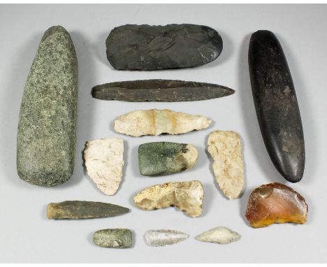 A small collection of worked stone tools, including - Neolithic axe with polished cutting edge, 5.5ins, flint two-edged blade