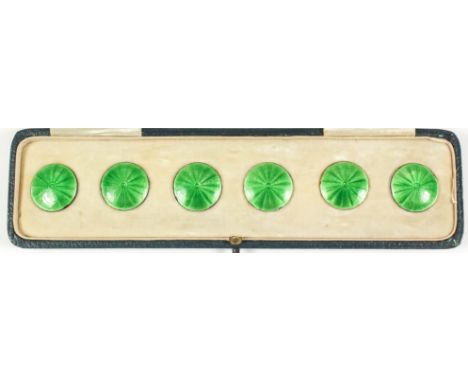 A set of six George V silver and green enamel circular buttons with engine turned ornament, 16mm diameter, by Deakin &amp; Fr