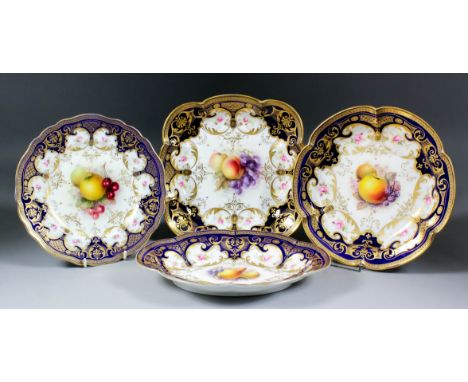 A Royal Worcester bone china part dessert service, enamelled in colours by Richard Sebright and William Ricketts with bold mi