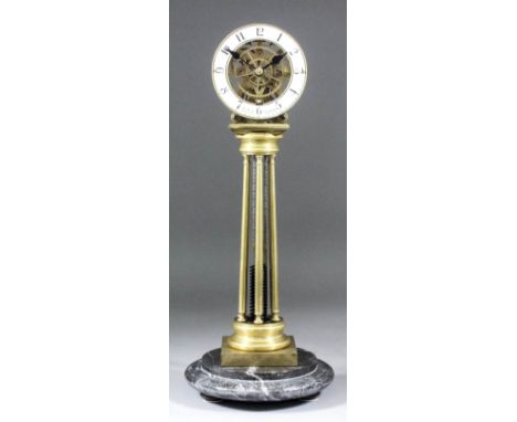 An unusual brass framed "pillar" clock after 19th Century original by William Smith of Musselburgh, the 4ins diameter white e