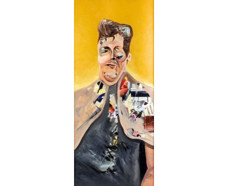 20th/21st Century - Oil and mixed media - Three portraits, 35.5ins x 15.5ins, unsigned, framed, and six other framed items, v
