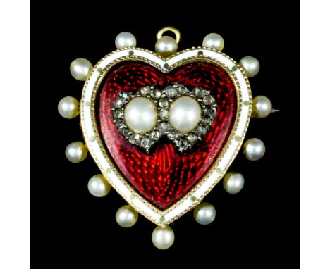 A late 19th/early 20th Century 9ct gold mounted enamel seed pearl and diamond set heart pattern pendant locket, the red and w
