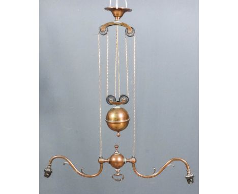 A late 19th/early 20th Century copper plated brass push and pull two light electrolier, 23.75ins wide
