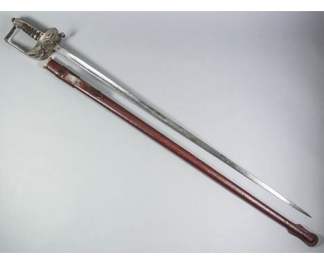 A George V Coldstream Guards officer's dress sword, the 32ins blade etched with battle honours, plated metal hilt and wirebou