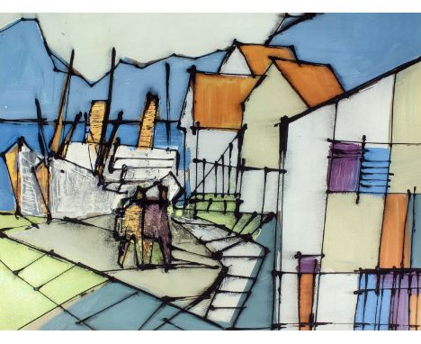Rolf Jorgensen (born 1925 - Norwegian) - Mixed media - Two - Ships on quay with two figures and houses to right foreground, a