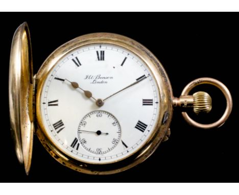 A George V 9ct gold half hunting cased keyless lever pocket watch by J. W. Benson, 62 &amp; 64 Ludgate Hill, London, "The Fie