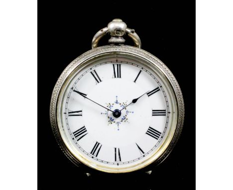 A late Victorian silver cased open faced pocket watch, the white enamel dial with Roman numerals, contained in case engraved 