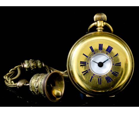 A 20th Century Continental lady's 18k gold half hunting cased pocket watch, the white enamel dial with Roman numerals, contai