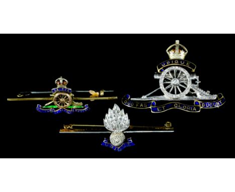 A gold and silvery coloured metal mounted enamel and diamond Royal Artillery "Sweetheart" brooch, 42mm x 39mm, a 9ct gold mou