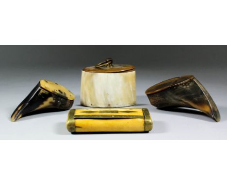 A late 19th Century "Scottish" brass mounted bone rectangular snuff box, 4.25ins x 2.25ins, a pewter mounted hoof pattern snu