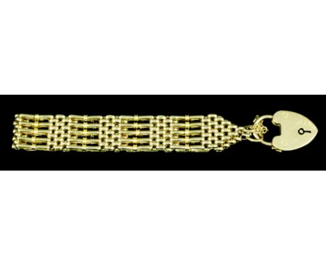 A 9ct rose gold five bar gate bracelet with padlock clasp, 200mm overall (gross weight 21.5 grammes)
