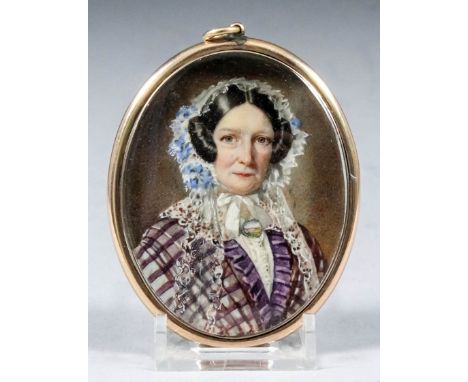 William Egley (1798-1870) - Miniature shoulder length portrait of Mrs Johnson wearing purple check dress with high-necked whi