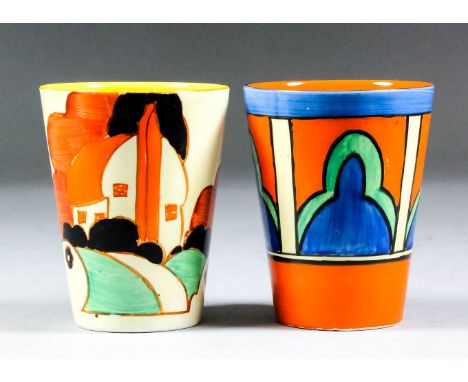 A Clarice Cliff pottery "Fantasque/Bizarre" "Farmhouse" pattern  beaker, and one other "Bizarre" beaker, both 3.5ins high, wi