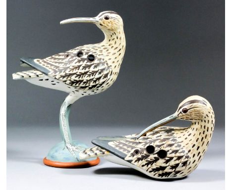 Neil Irons (born 1949) - Two ceramic ocarina - Standing "Whimbrel", 8.25ins high, and resting "Whimbrel", 4ins high, both sig