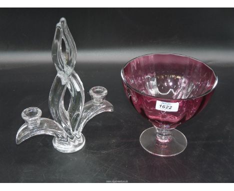 A ruby Crystal glass clear footed bowl with internal raised ribs, 6 3/8'' tall x 7'' wide and a Crystal glass candlestick by 