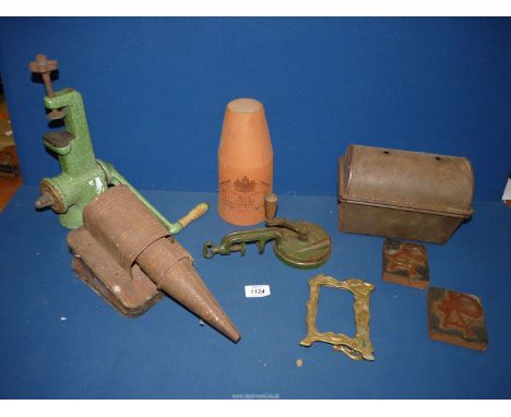A quantity of miscellanea including bean slicer, enamel grinder, copper printing blocks, etc.