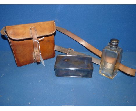 A leather cased vintage hunting Sandwich Box with glass flask and metal food tin by Pinnigans Ltd.