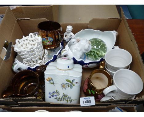 A quantity of china including Herend flask, two Nao ducks, four Sophie Conran Portmeirion mugs, Wade jug, ginger jar, paperwe