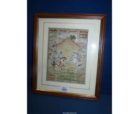An old Persian manuscript leaf, well painted with warrior scenes alongside panels of script;  17th century or later;  framed 