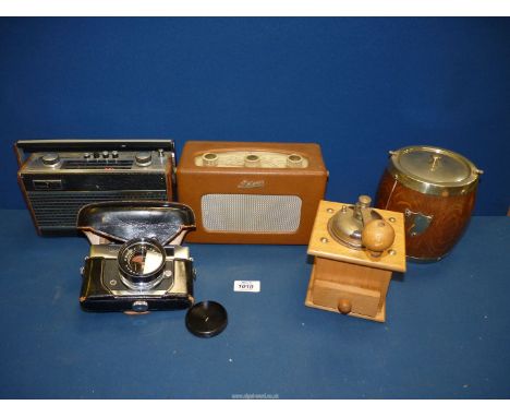 A box of miscellanea including two vintage Roberts radios, coffee grinder, Konica camera and a biscuit barrel with plated lid