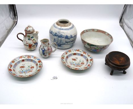 A small quantity of Oriental china including blue and white ginger jar (no lid), mark to base, small teapot and jug with figu