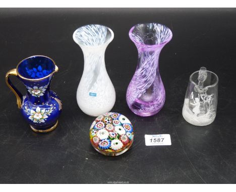 A Mary Gregory glass jug, Caithness glass vase, posy vases approx. approx. 6" tall, paperweight and Bohemian small carafe/vas