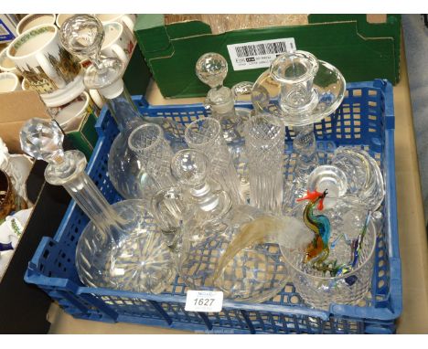 A quantity of glass including two sherry decanters, two small wine decanters, plus collection of small glass stoppers, two sa