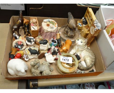 A quantity of animal ornaments including Beswick Corgi, Royal Worcester tabby cat (a/f) plus cat shaped Ronson lighter etc.