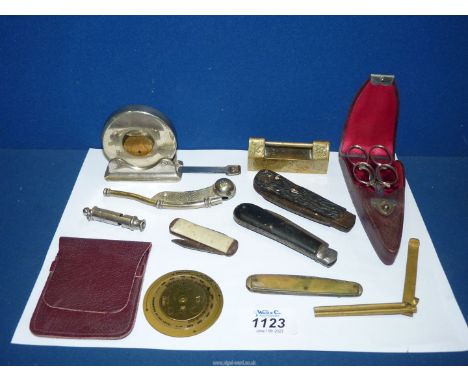A small quantity of miscellanea including 'The Acme' whistle, Bosun's whistle, small metal cased Rabone tape measure (handle 