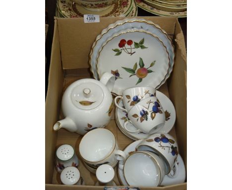 Royal Worcester Evesham, six cups and saucers, teapot and two flan dishes and Royal Worcester salt and pepper shakers.