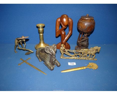 A small quantity of miscellanea including; two brass paper knives, an Egyptian model spill holder, brass Chinese figure, bras
