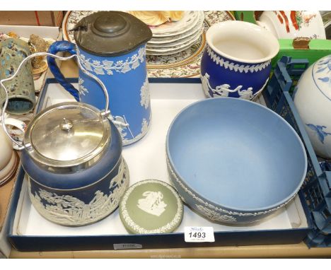 A Wedgwood Jasperware bowl and trinket dish in blue and green, Adams Tunstall dark blue biscuit barrel with chrome lid and co