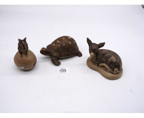 Three Poole Pottery animals; fawn, mouse and tortoise.