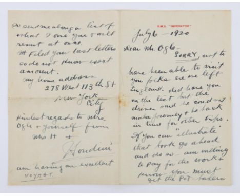 Harry Houdini (1874-1926) Hungarian-American Magician & Escapologist. Vintage handwritten letter by Houdini, dated July 6, 19