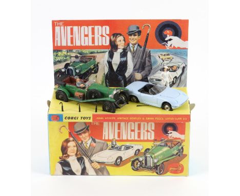 Corgi Toys gift set No. 40 The Avengers, comprising of green vintage Bentley and a white Lotus Elan S2, sold with the two Ave