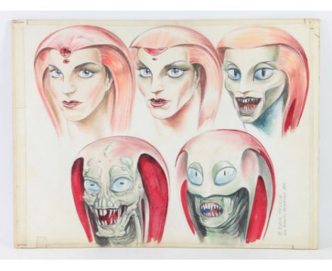 Interworlds hand-drawn pre-production drawing (1984). Artwork depicting a woman turning into the Queen of the Cobras, created
