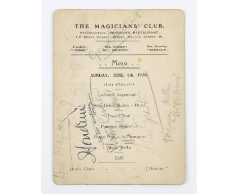 Harry Houdini (1874-1926) Hungarian-American Magician & Escapologist. Vintage hand signed double sided menu for The Magicians