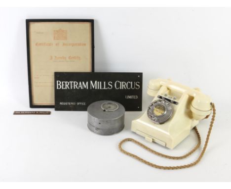 Bertram Mills - Mr. Bernard N. Mills name plaque, Original vintage telephone, Certificate of Incorporation for Cyril and Bern