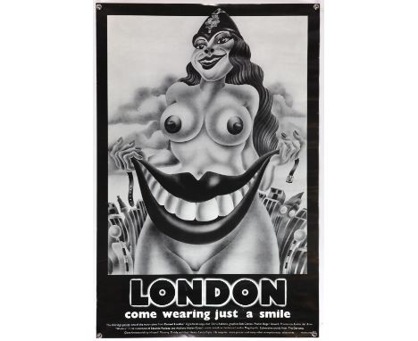 Alan Aldridge (b. 1943) Vintage poster, 'London Come Wearing Just A Smile', black & white poster by Canned London, designed b
