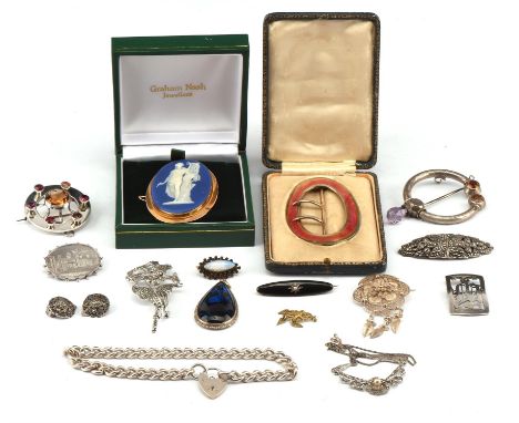 A mixed group of silver and costume jewellery including a large curb bracelet, with a heart padlock clasp, length 30cm, five 