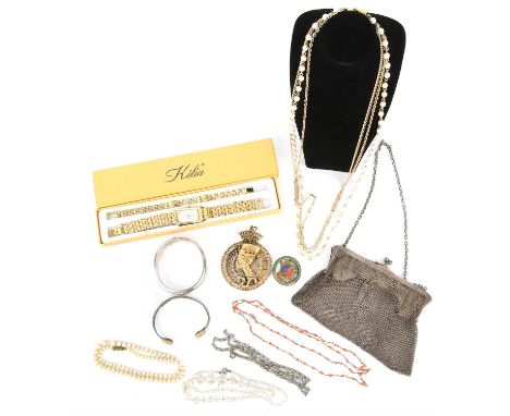 Mixed lot of costume jewellery, including a cut glass necklace, a foliate engraved silver hinged bangle with concealed clasp,